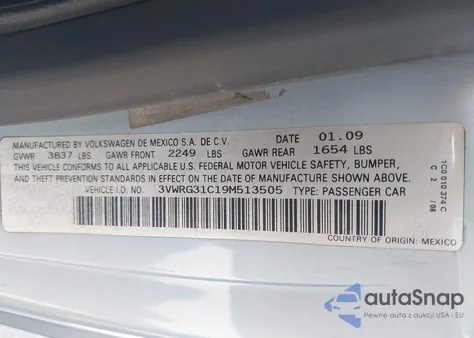 2009 Volkswagen New Beetle 2.5L z USA, uszkodzony, nr VIN 3VWRG31C19M513505